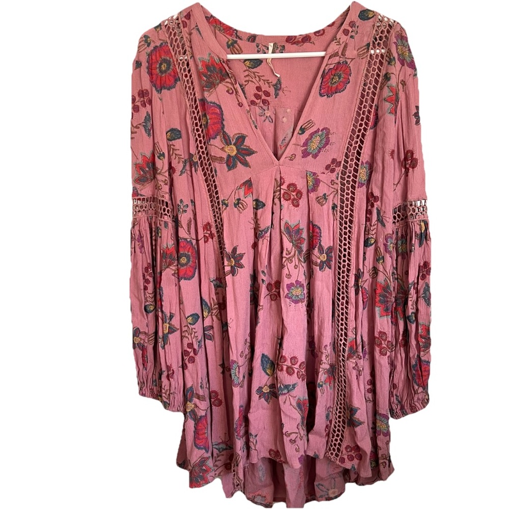 Free People Floral Pink Mauve V-neck Long Sleeve Tunic Blouse Boho Top - Small